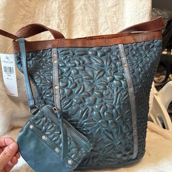 Coldwater Creek Blue Embossed Tote with Brown Accents - Picture 1 of 12
